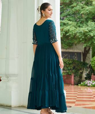 Teal faux blooming beads embroidered designer anarkali set 4