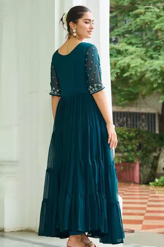 Teal faux blooming beads embroidered designer anarkali set