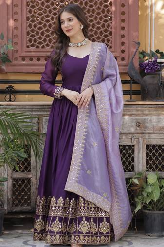 Purple star georgette embroidered anarkali set with dupatta
