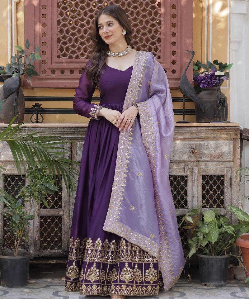 Purple star georgette embroidered anarkali set with dupatta