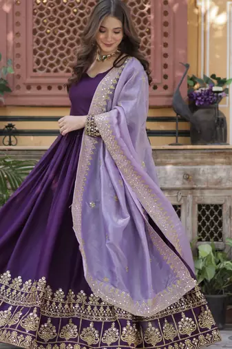 Purple star georgette embroidered anarkali set with dupatta