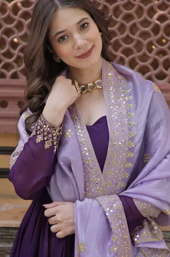 Purple star georgette embroidered anarkali set with dupatta
