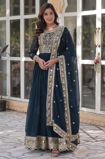 Rama faux blooming embroidered anarkali set with dupatta