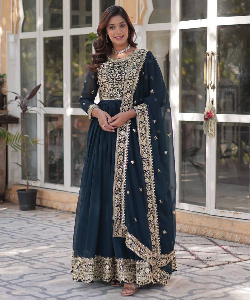 Rama faux blooming embroidered anarkali set with dupatta