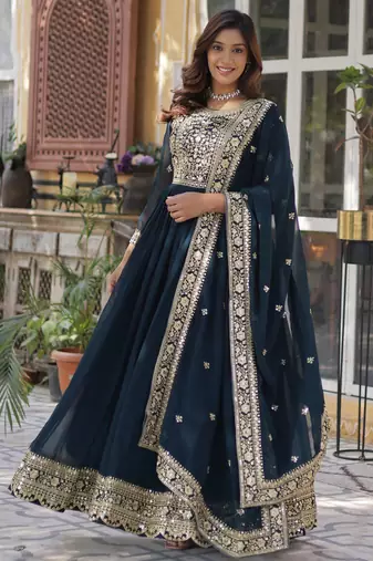 Rama faux blooming embroidered anarkali set with dupatta