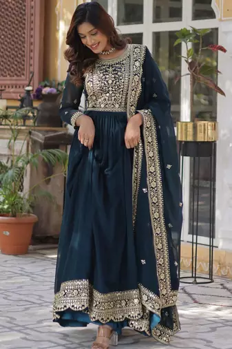 Rama faux blooming embroidered anarkali set with dupatta