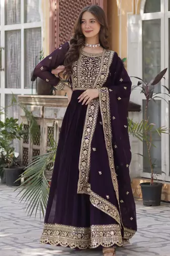 Wine faux blooming embroidered anarkali set with dupatta