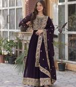 Wine faux blooming embroidered anarkali set with dupatta
