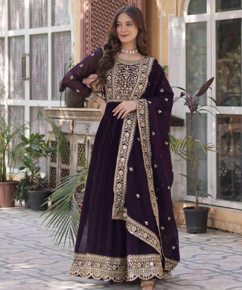 Wine faux blooming embroidered anarkali set with dupatta