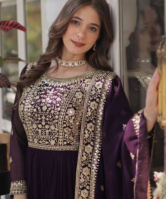 Wine faux blooming embroidered anarkali set with dupatta 3