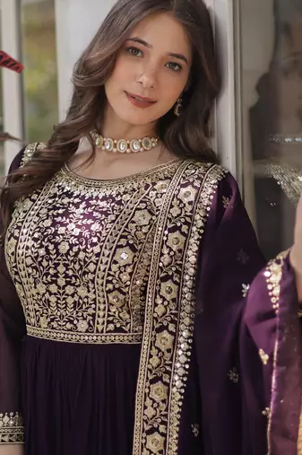 Wine faux blooming embroidered anarkali set with dupatta