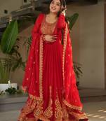 Red faux blooming embroidered anarkali set with dupatta