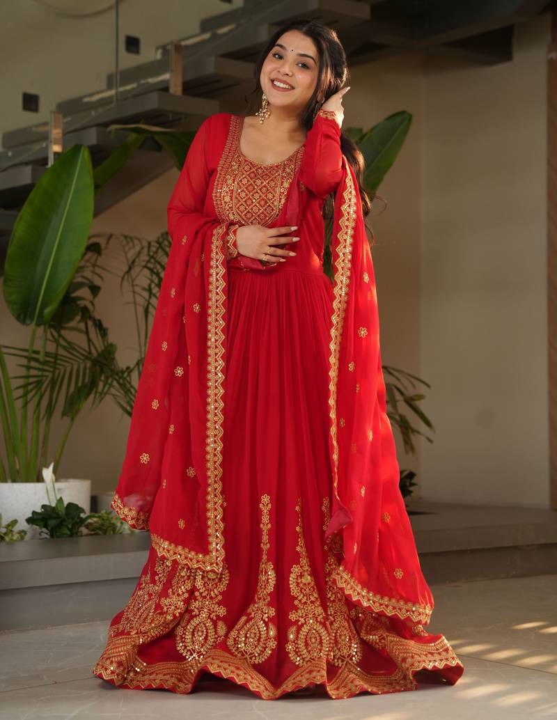 Red faux blooming embroidered anarkali set with dupatta