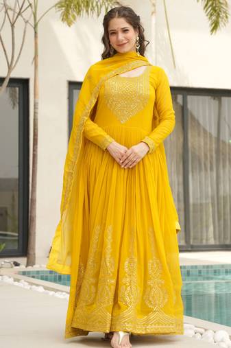 Yellow faux blooming embroidered anarkali set with dupatta