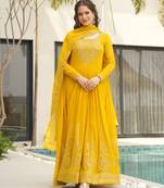 Yellow faux blooming embroidered anarkali set with dupatta