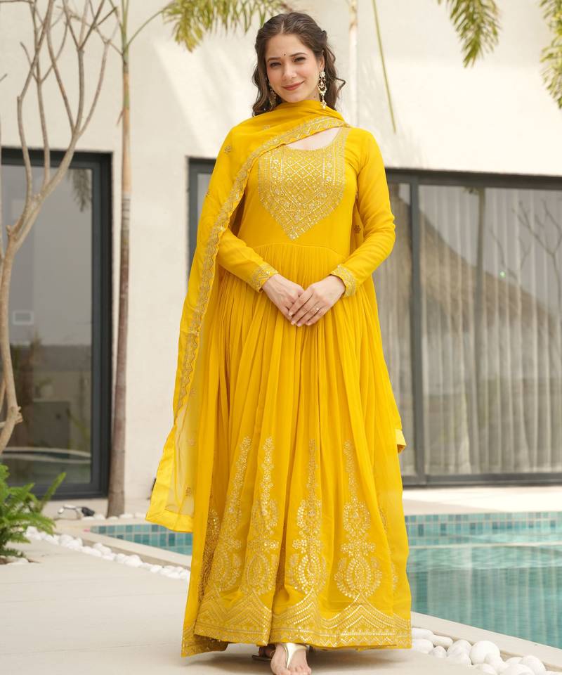 Yellow faux blooming embroidered anarkali set with dupatta