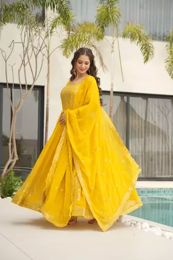 Yellow faux blooming embroidered anarkali set with dupatta