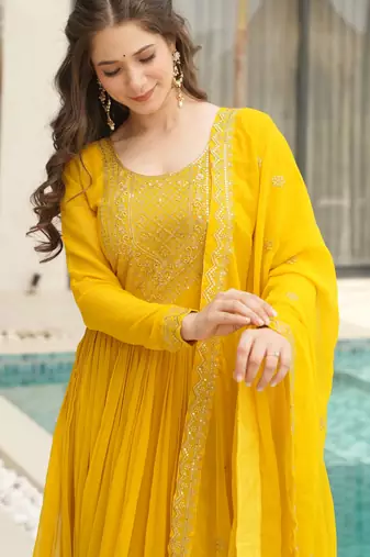 Yellow faux blooming embroidered anarkali set with dupatta