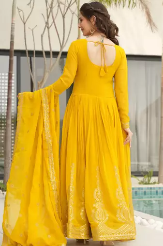 Yellow faux blooming embroidered anarkali set with dupatta