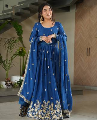 Blue chinon embroidered anarkali set with dupatta 1