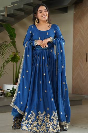 Blue chinon embroidered anarkali set with dupatta