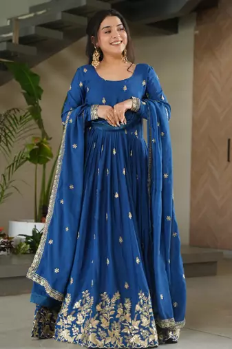 Blue chinon embroidered anarkali set with dupatta