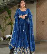 Blue chinon embroidered anarkali set with dupatta