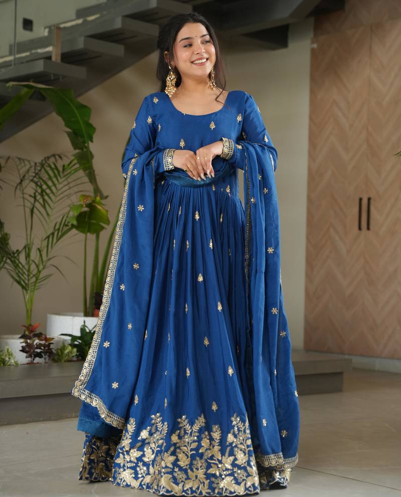 Blue chinon embroidered anarkali set with dupatta
