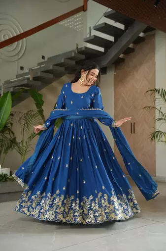 Blue chinon embroidered anarkali set with dupatta