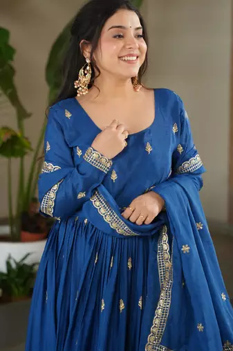 Blue chinon embroidered anarkali set with dupatta