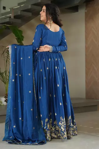 Blue chinon embroidered anarkali set with dupatta