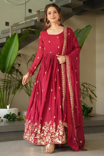 Maroon chinon embroidered anarkali set with dupatta