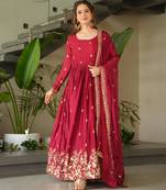 Maroon chinon embroidered anarkali set with dupatta