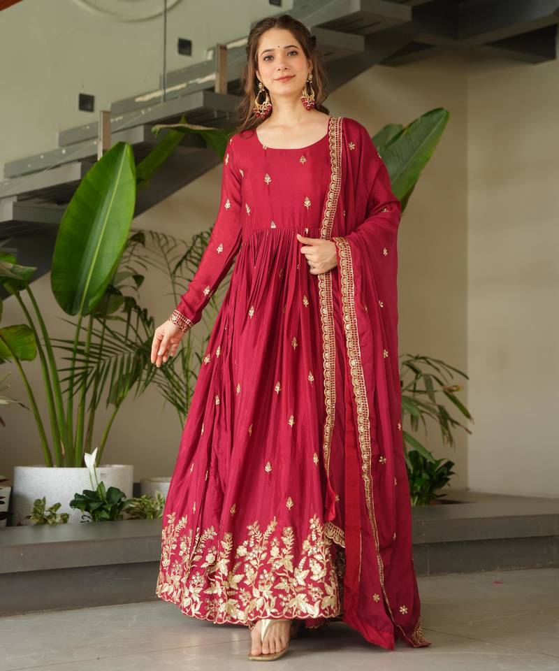 Maroon chinon embroidered anarkali set with dupatta