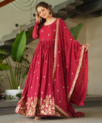 Maroon chinon embroidered anarkali set with dupatta 2