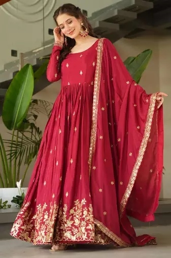 Maroon chinon embroidered anarkali set with dupatta