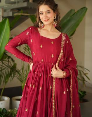 Maroon chinon embroidered anarkali set with dupatta 3