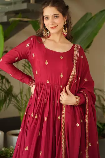 Maroon chinon embroidered anarkali set with dupatta