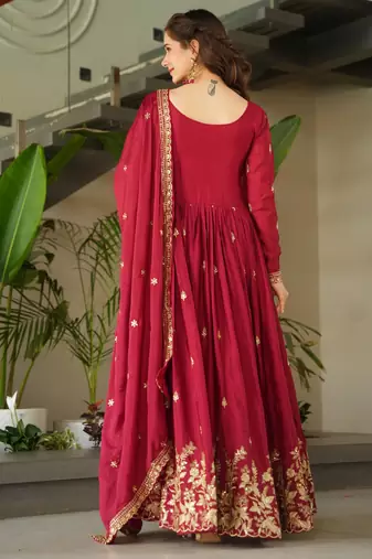 Maroon chinon embroidered anarkali set with dupatta