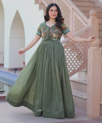 Sea green silver crunchy embroidered anarkali set with koti 1