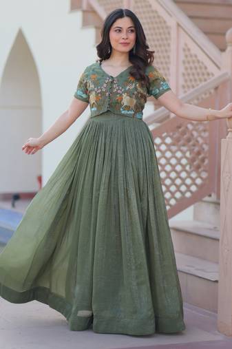 Sea green silver crunchy embroidered anarkali set with koti