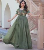 Sea green silver crunchy embroidered anarkali set with koti