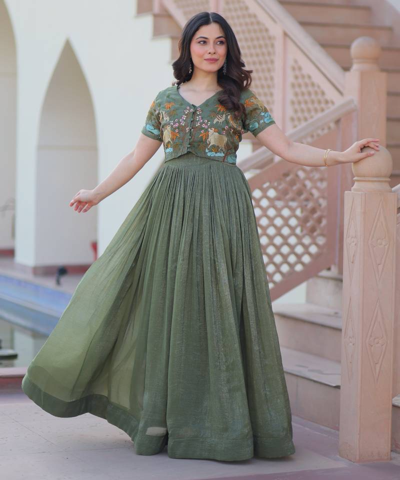 Sea green silver crunchy embroidered anarkali set with koti