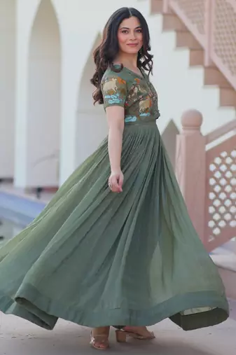 Sea green silver crunchy embroidered anarkali set with koti