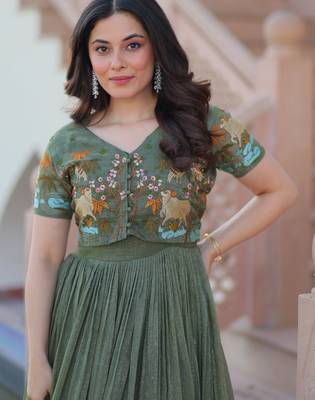Sea green silver crunchy embroidered anarkali set with koti 3
