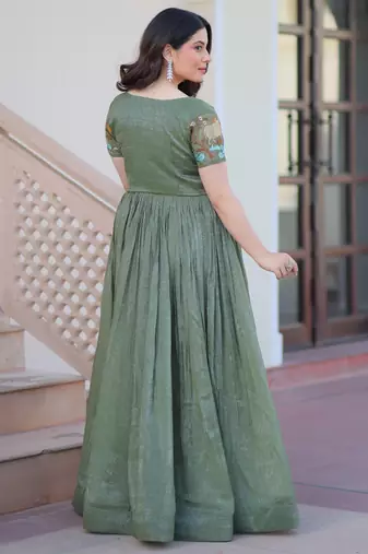Sea green silver crunchy embroidered anarkali set with koti