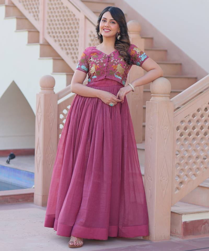 Onion silver crunchy embroidered anarkali set with koti