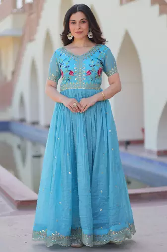 Sky blue gold crush embroidered designer anarkali set