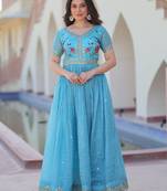Sky blue gold crush embroidered designer anarkali set
