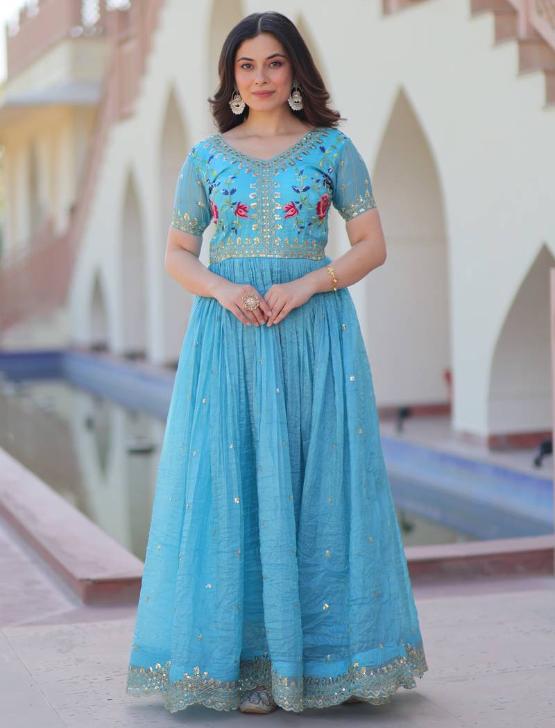 Sky blue gold crush embroidered designer anarkali set